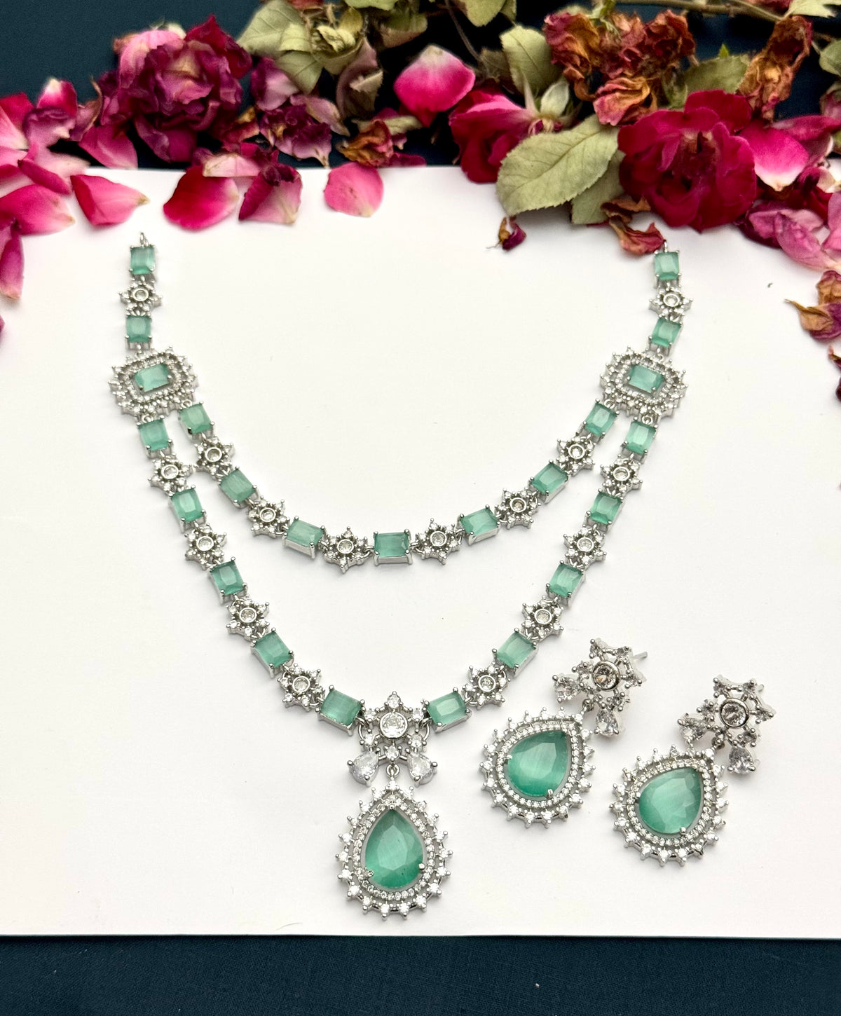 Exquisite Silver American Diamond Double Layer Necklace Set with Matching Earrings | Bridal & Party Wear Jewelry