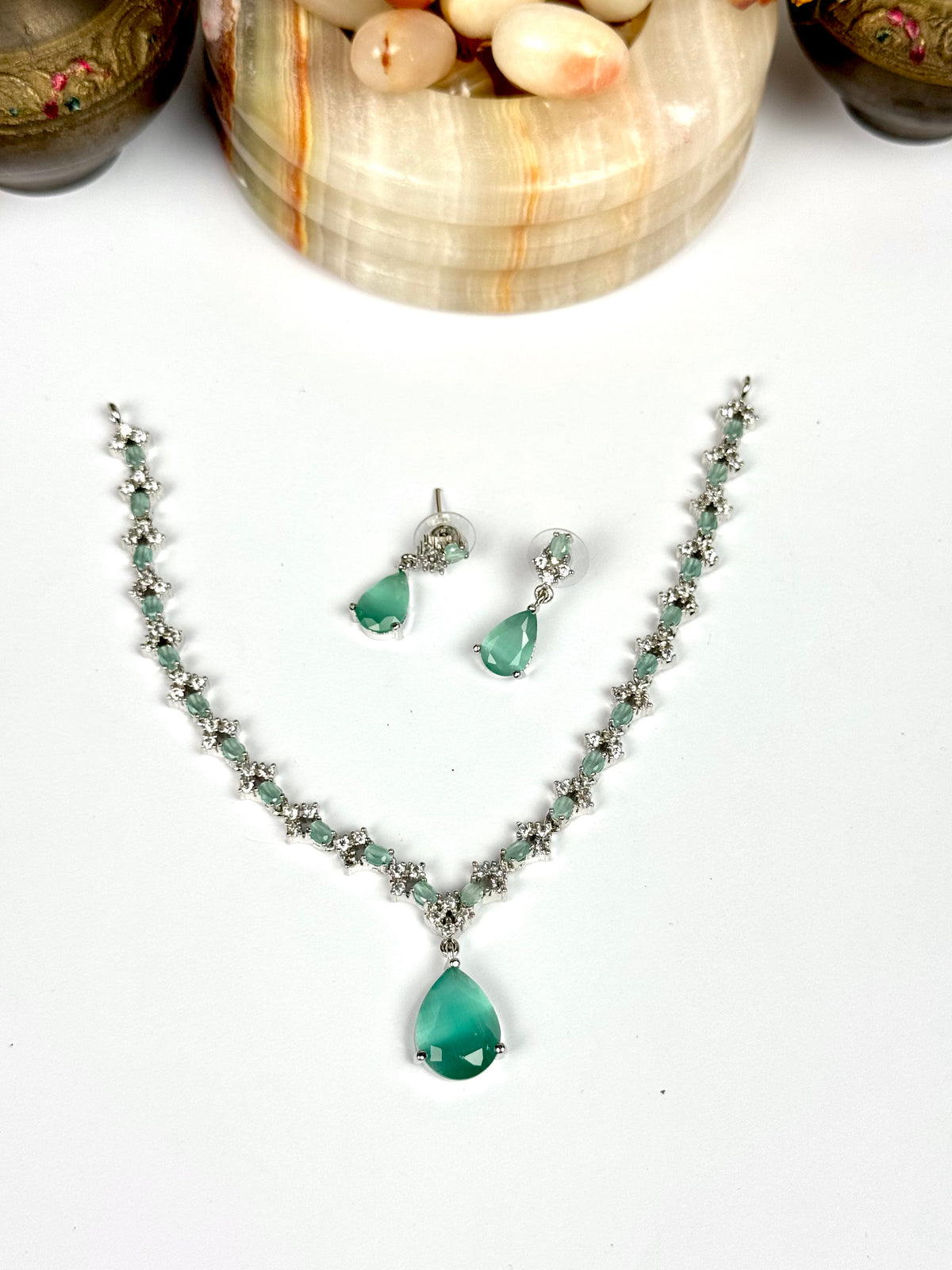 Exquisite Silver American Diamond Drop Necklace Set with Matching Earrings | Bridal & Party Wear Jewelry