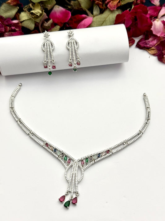 Exquisite Silver American Diamond Necklace Set with Matching Earrings | Bridal & Party Wear Jewelry