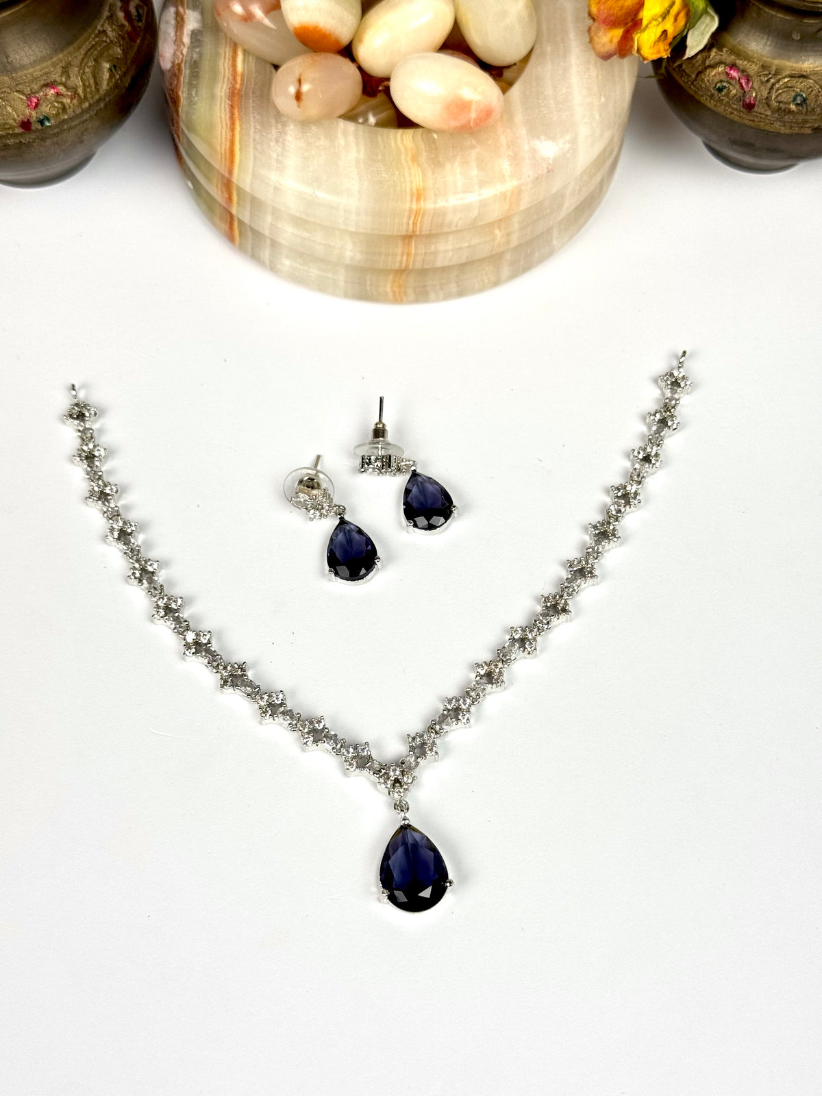 Exquisite Silver American Diamond Drop Necklace Set with Matching Earrings | Bridal & Party Wear Jewelry