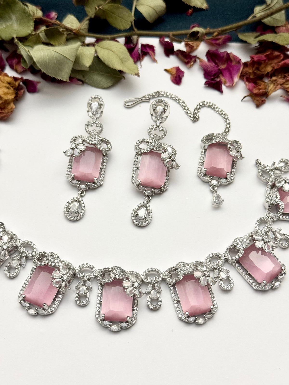 Exquisite Silver American Diamond Necklace Set with Matching Earrings | Bridal & Party Wear Jewelry