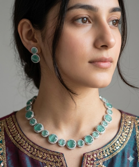 Exquisite Silver American Diamond Necklace Set with Matching Earrings | Bridal & Party Wear Jewelry